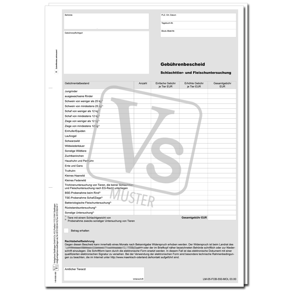Gebührenbescheid für Schlachttier und Fleischuntersuchung