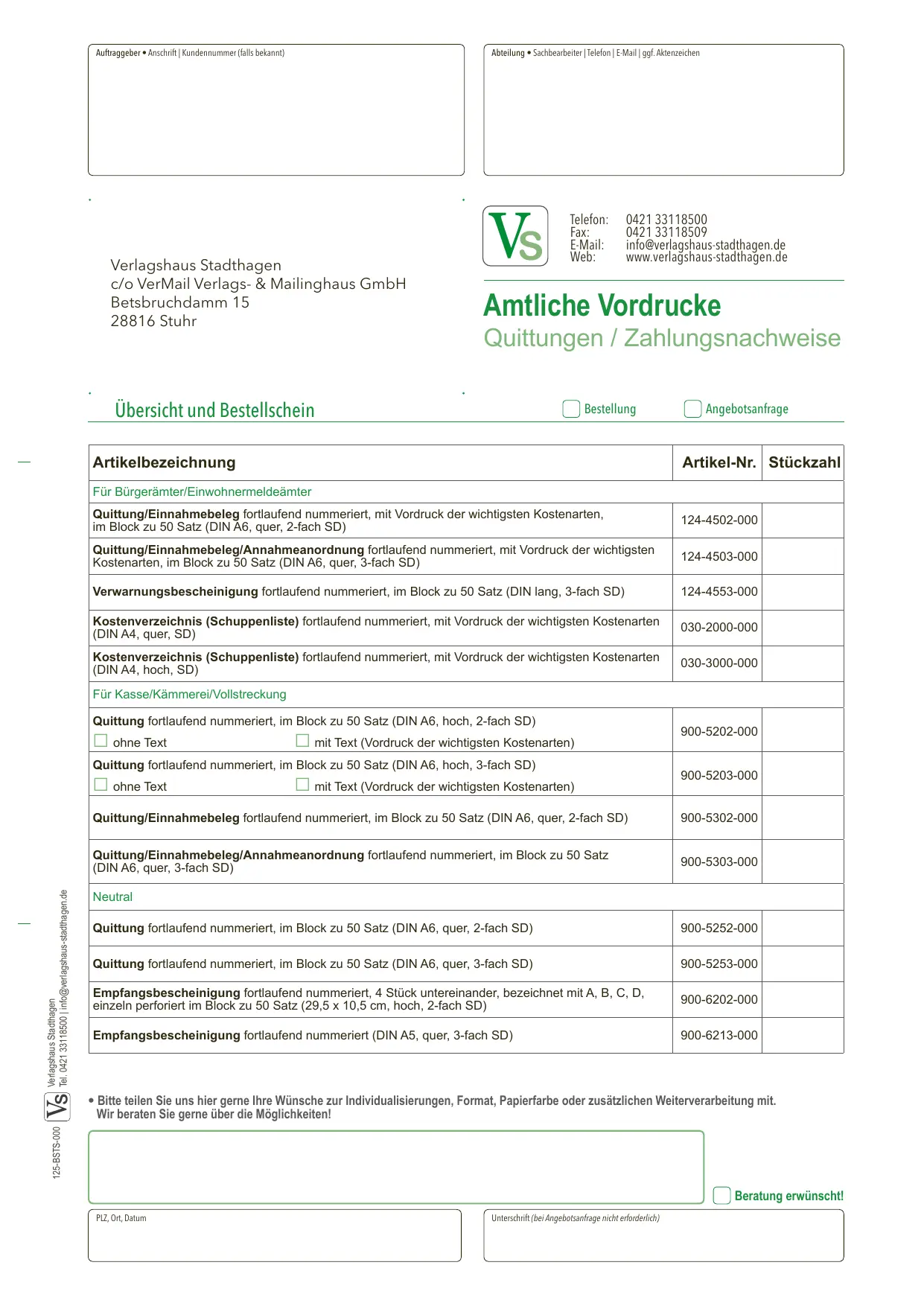 Bestellschein Quittungen & Zahlungsbelege
