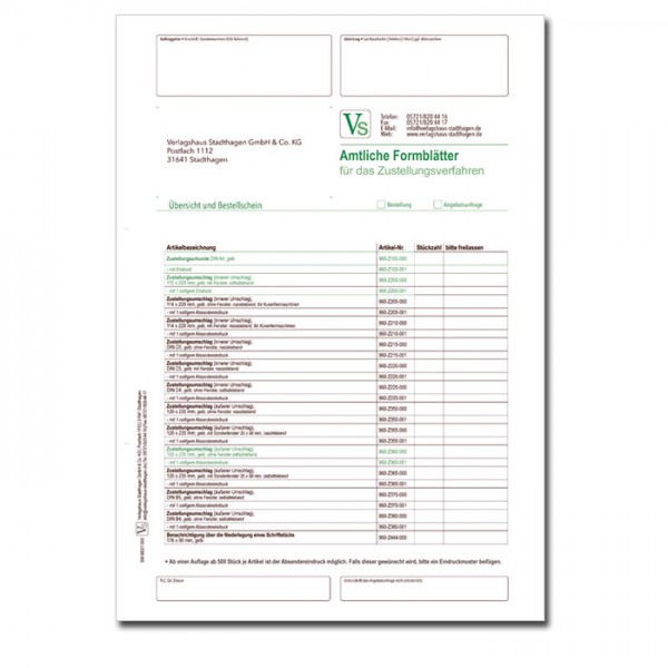 Bestellschein für das Zustellungsverfahren